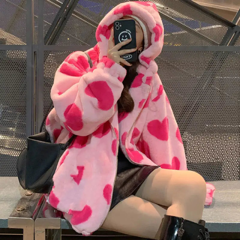 Heart-shaped Print Plush Hooded Coat - pink / L