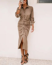 Load image into Gallery viewer, High Slit Button Front Long Sleeve Shirt Dress - Brown / S