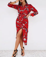 Load image into Gallery viewer, High Slit Button Front Long Sleeve Shirt Dress - Red / S