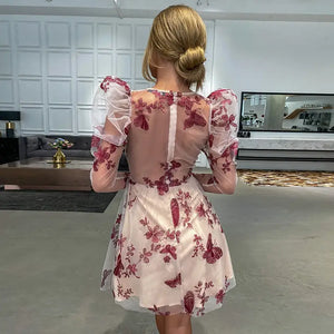 High Street O-neck Floral Mesh Full Puff Sleeve Dress