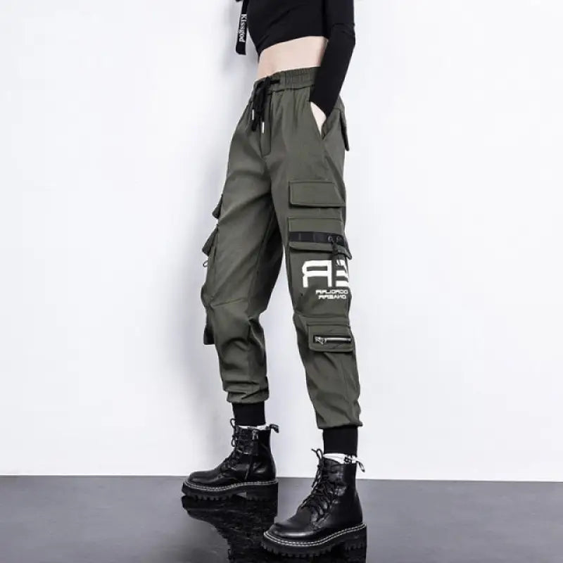High Waist Drawstring Loose Cargo Pants - Army Green / M