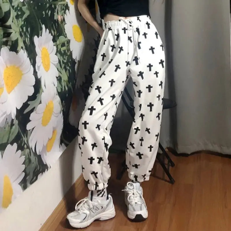 High Waist Loose Korean Hip Hop Pants - white / S