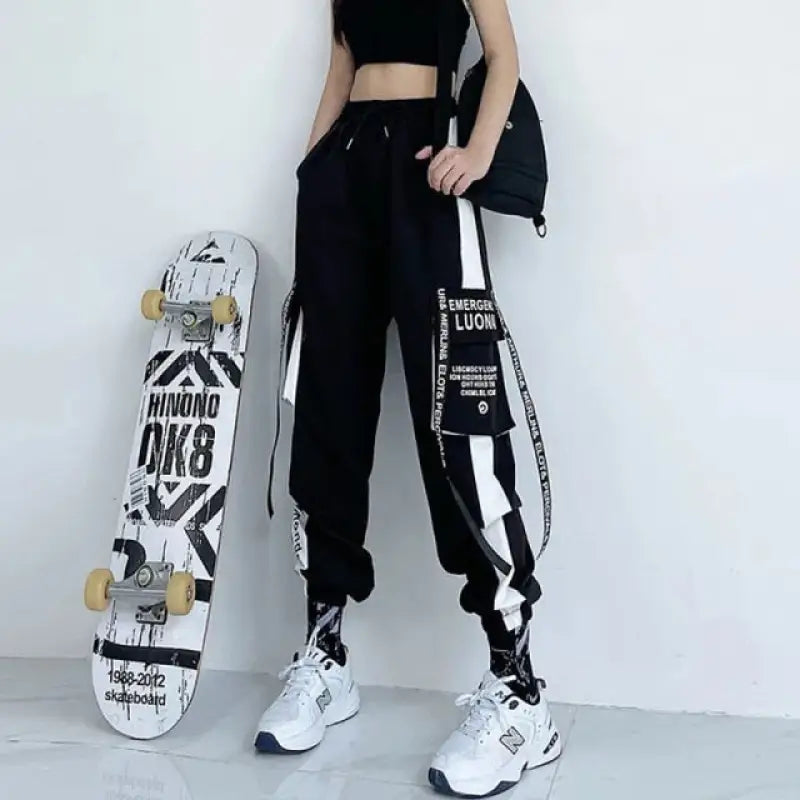 High Waist Loose Sport Techwear Cargo Pants - black / M