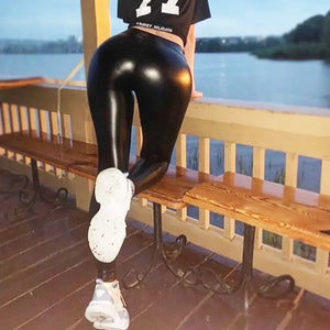 Hip Lifting Casual Black PU Pants High Waist Warm Leggings