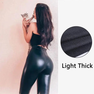 Hip Lifting Casual Black PU Pants High Waist Warm Leggings
