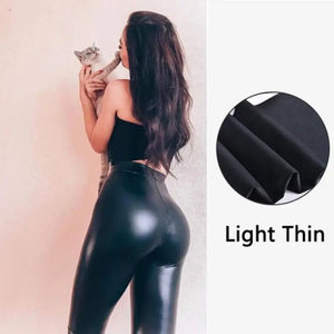 Hip Lifting Casual Black PU Pants High Waist Warm Leggings