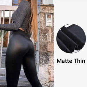 Hip Lifting Casual Black PU Pants High Waist Warm Leggings