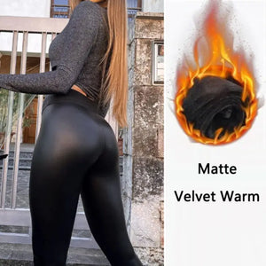 Hip Lifting Casual Black PU Pants High Waist Warm Leggings