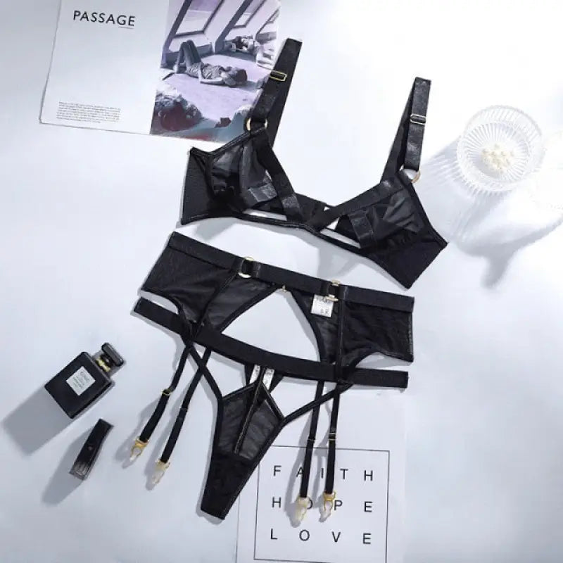 Hollow Out Bra and Panty Lace Mesh Lingerie Set - black / L