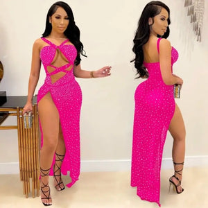 Hollow Cut Out Sexy Bodycon Maxi Dress - Fuchsia / XXL