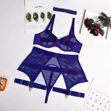Load image into Gallery viewer, Hollow Out Lace See Through 4 Pc Lingerie Set - pcs-Blue / M