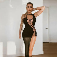 Load image into Gallery viewer, Hollow Out Lace Up High Slit Midi Dress