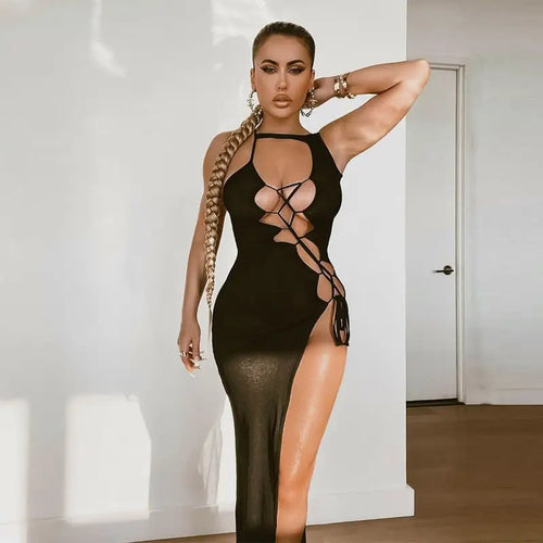 Hollow Out Lace Up High Slit Midi Dress