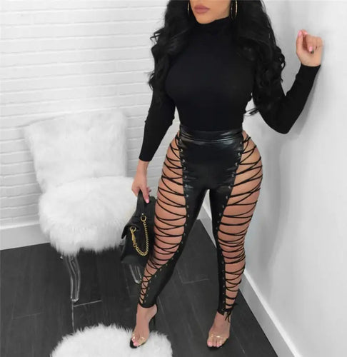 Hollow Out Lace Up Sexy Pencil High Waist Bandage Leggings