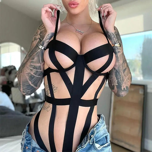 Hollow Out Lace Up Teddy Babydoll Bodysuit