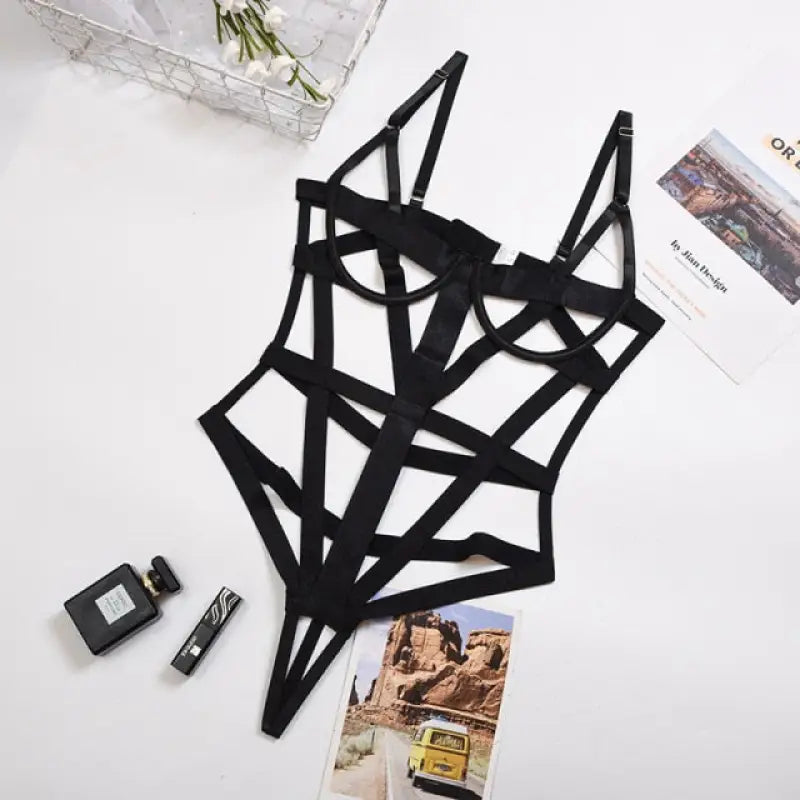 Hollow Out Lace Up Teddy Babydoll Bodysuit - black / S