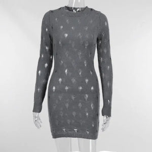Hollow Out Long Sleeve Elastic Party Club Mini Dress - gray
