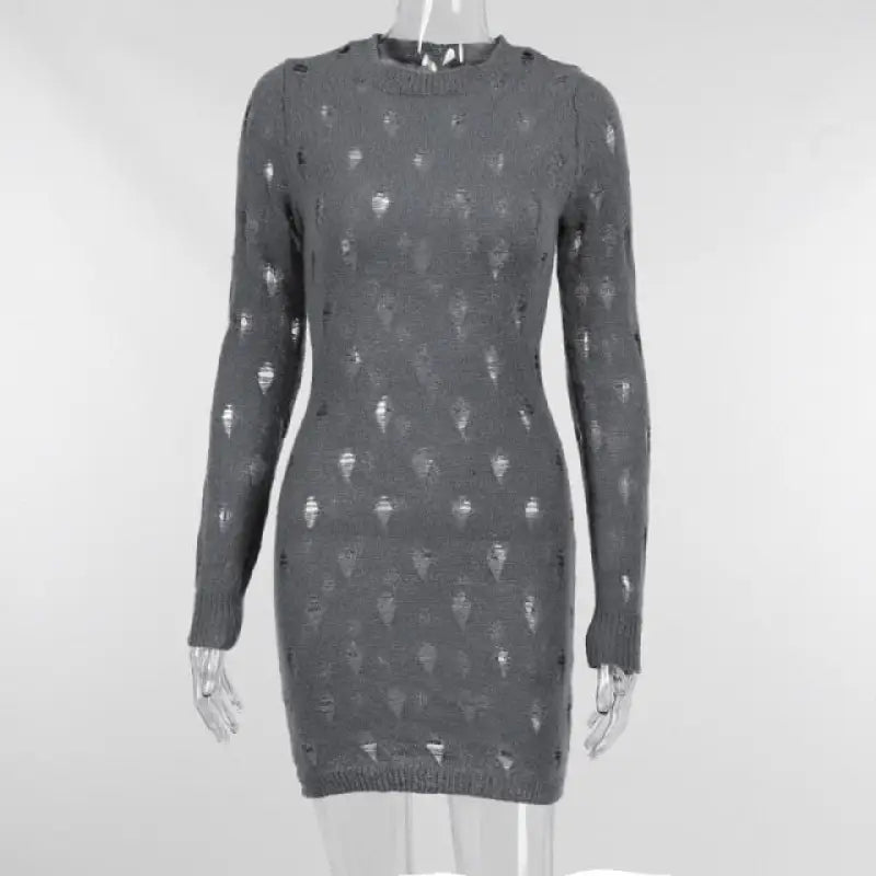 Hollow Out Long Sleeve Elastic Party Club Mini Dress - gray