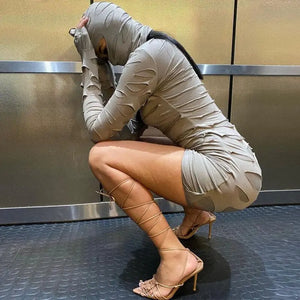 Hollow Out Long Sleeve Hooded Bodycon Dress