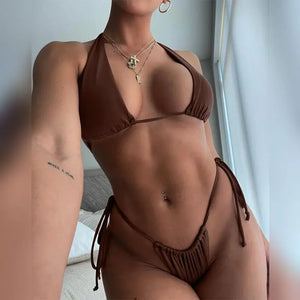 Hollow Out Ruched Brown 2 Piece Bikini Set - brown / Size