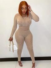 Load image into Gallery viewer, Hollow Out Sheer O Neck See Through Jumpsuit - Brown