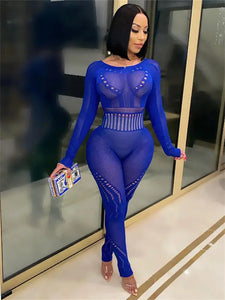 Hollow Out Sheer O Neck See Through Jumpsuit - Dark Blue