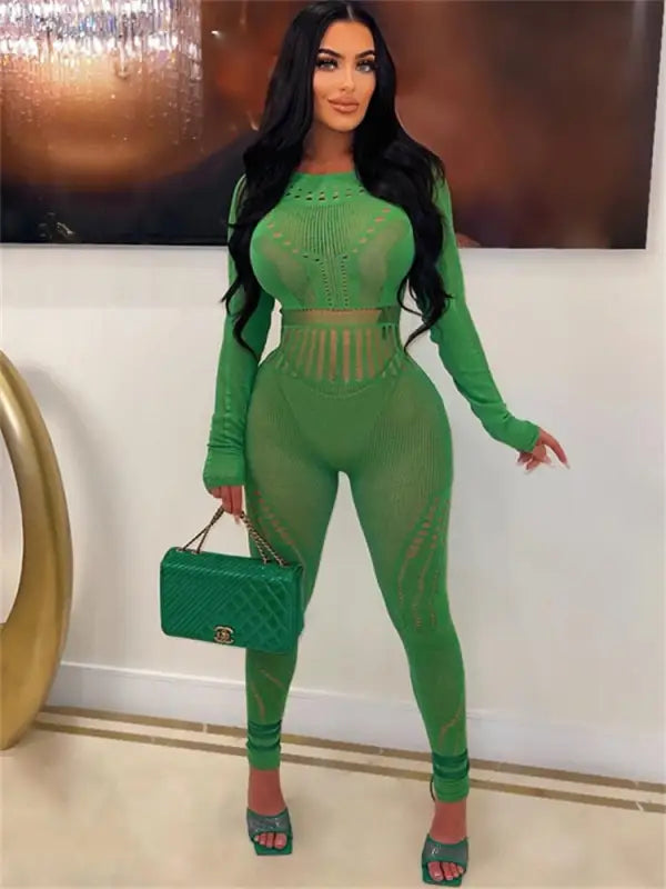 Hollow Out Sheer O Neck See Through Jumpsuit - Green