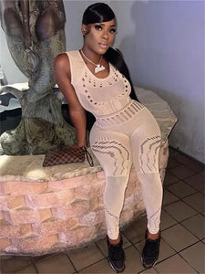 Hollow Out Sheer O Neck See Through Jumpsuit - Khaki Short