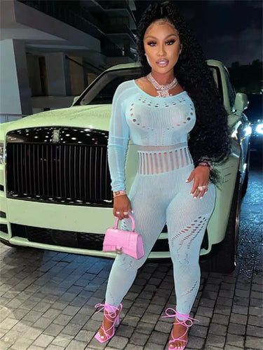 Hollow Out Sheer O Neck See Through Jumpsuit - Light Blue