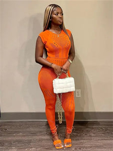 Hollow Out Sheer O Neck See Through Jumpsuit - Orange Short
