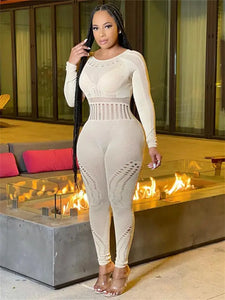 Hollow Out Sheer O Neck See Through Jumpsuit - White