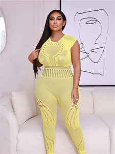 Hollow Out Sheer O Neck See Through Jumpsuit - Yellow Short