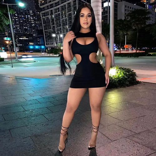Hollow Out Sleeveless O-Neck Solid Club Wear Dress