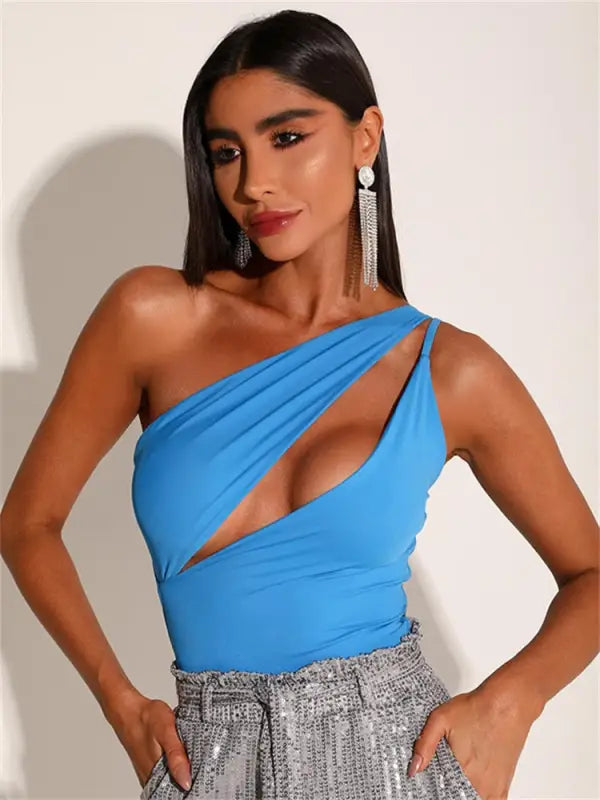 Hollow Out Slim One Piece Bodysuit - Blue / S