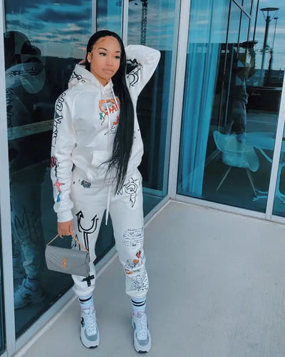 Hooded Collar Graphic Print Two-Piece Set