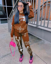 Load image into Gallery viewer, Hooded Collar Graphic Print Two-Piece Set - Brown / S