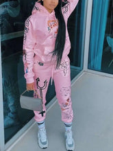 Load image into Gallery viewer, Hooded Collar Graphic Print Two-Piece Set - Pink / M