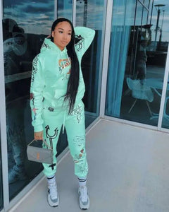 Hooded Collar Graphic Print Two-Piece Set - Turquoise / M