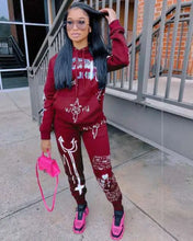 Load image into Gallery viewer, Hooded Collar Graphic Print Two-Piece Set - Wine red / XXXL