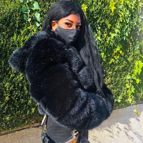 Hooded Faux Fur Elegant Plush Crop Coat