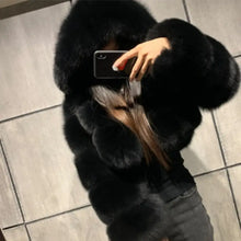 Load image into Gallery viewer, Hooded Faux Fur Elegant Plush Crop Coat - black / S