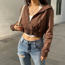 Load image into Gallery viewer, Hooded Zip Up Cropped Brown Solid Sweatshirts