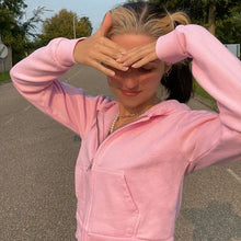 Load image into Gallery viewer, Hooded Zip Up Cropped Brown Solid Sweatshirts - Pink / S