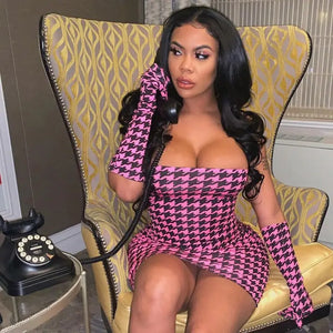 Hot Pink Strapless Off Shoulder Bodycon Dress With Gloves