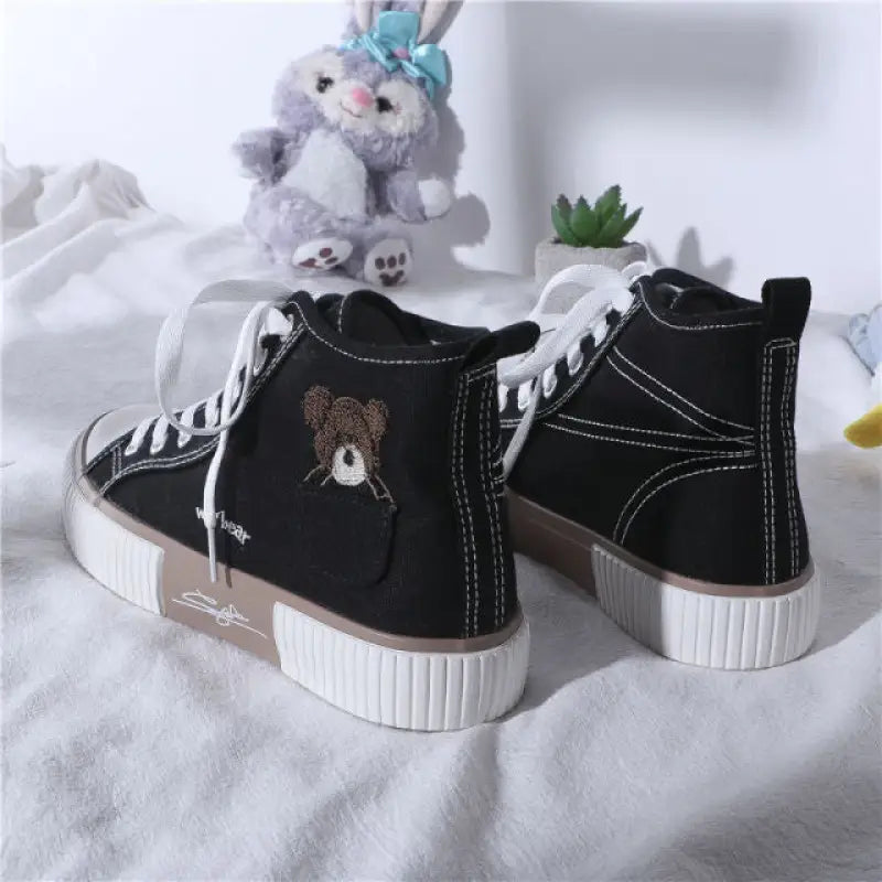Kawaii High Top Flats Casual Fashion Bear Sneakers - Black