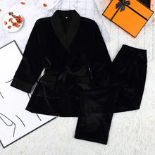 Load image into Gallery viewer, Knitted Black Velvet Solid Robe Set