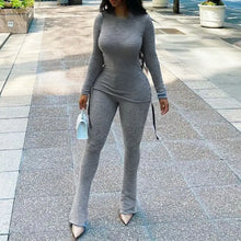 Load image into Gallery viewer, Knitted Skinny Baddie Drawstring Top &amp; Pants Set - gray / M