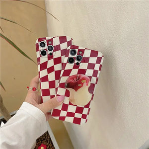 Korean Red Checkerboard Fruit Bracket Soft Phone Case