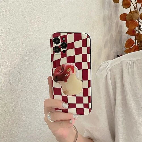 Korean Red Checkerboard Fruit Bracket Soft Phone Case