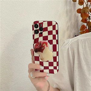 Korean Red Checkerboard Fruit Bracket Soft Phone Case